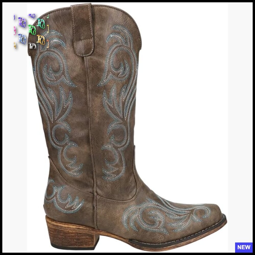 Western Embroidered Snip Toe Casual Boots Mid Calf Low Heel Retro Chic